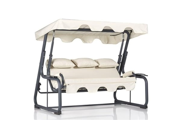 Oscillazione 3-Seat Garden Swing with Adjustable Canopy, Cushions, and Cup Holders Included